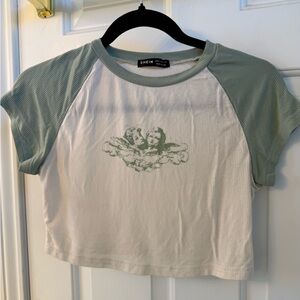 SHEIN Green and Cream  Graphic Cropped Tee